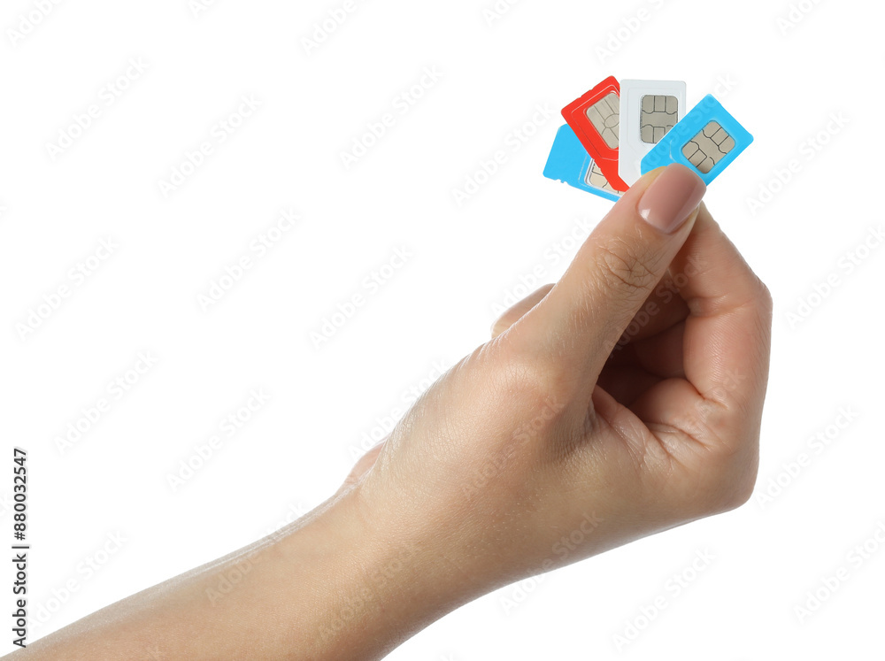 Woman with SIM cards on white background, closeup Woman with SIM cards on white background, closeup