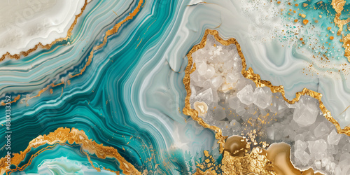 turquoise and gold marble with teal white onyx geode texture, luxurious crystal wallpaper background photo