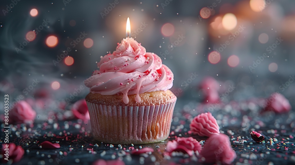Sweet Celebration: Pink Frosted Cupcake with Candle Sweet Celebration: Pink Frosted Cupcake with Candle