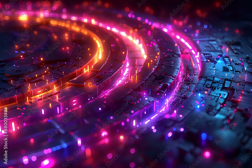 Futuristic circuit board with glowing pink and orange lights forming concentric patterns, ideal for technology, innovation, and digital art themes. Futuristic circuit board with glowing pink and orange lights forming concentric patterns, ideal for technology, innovation, and digital art themes.