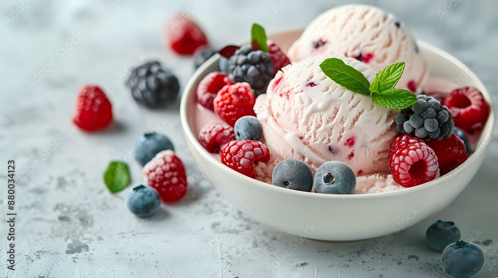 A delightful bowl of creamy ice cream garnished with fresh raspberries, blueberries, and blackberries, exuding a refreshing summer vibe. A delightful bowl of creamy ice cream garnished with fresh raspberries, blueberries, and blackberries, exuding a refreshing summer vibe.