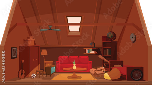 Attic room interior with wooden roof beams featuring retro furniture and a vintage television set