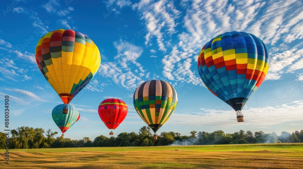 Fototapeta premium Colorful hot air balloons, blue sky, thin clouds, beautiful scenery. Photo by National Geographic