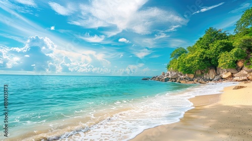 Tropical beach with azure water in the ocean. Paradise island on a sunny summer day. Trip, travel and vacation theme