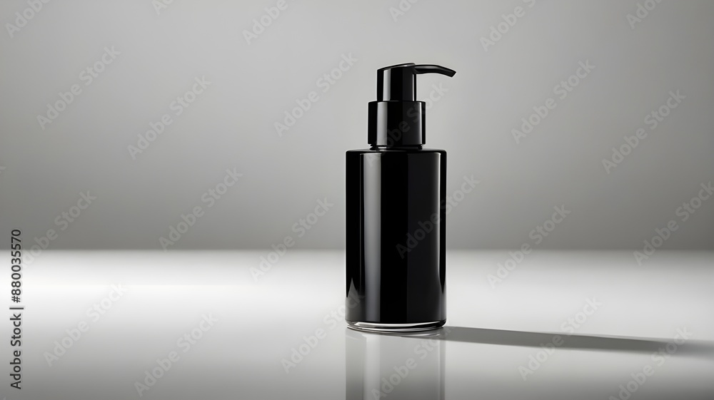 Black Cosmetic Bottle On White Surface Against Grey Background. Black Cosmetic Bottle On White Surface Against Grey Background.
