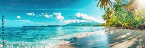 Tropical beach with palm trees and azure water in ocean. Paradise island on a sunny day. Trip, travel and vacation theme