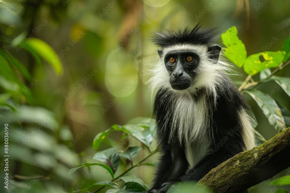 Full body view of Black-and-white Colobus in natural habitat, full body shot, full body View Full body view of Black-and-white Colobus in natural habitat, full body shot, full body View