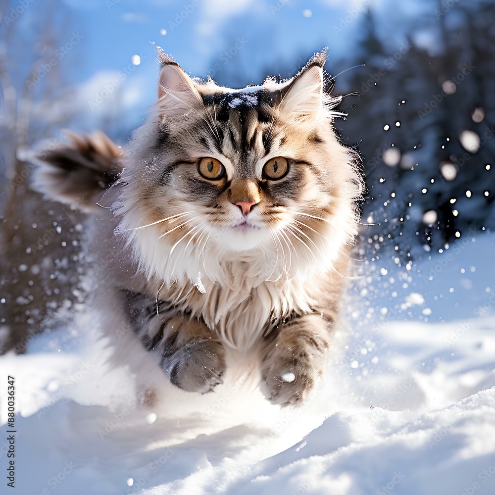 cat captured mid movement storming through a snow blanketed hill fluffy white tail brushing agains