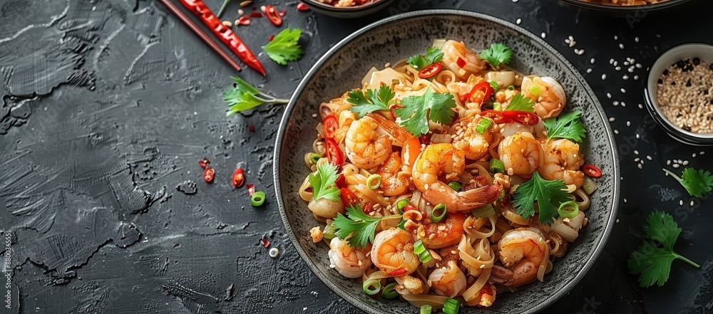 Chinese food on a dark background with copy space, top view. Asian cuisine concept. Spicy pad Thai and shrimp or chicken noodles in a bowl for a smart phone wallpaper, poster design, banner Chinese food on a dark background with copy space, top view. Asian cuisine concept. Spicy pad Thai and shrimp or chicken noodles in a bowl for a smart phone wallpaper, poster design, banner