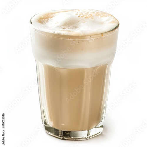 A creamy vanilla almond latte with almond milk and vanilla syrup in a glass, isolated white background, surrealism art style