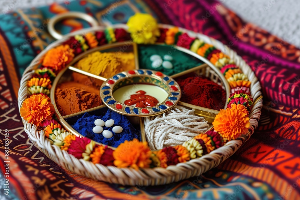 Traditional Indian Puja Thali with Colorful Powders and Flowers for Festive Rituals