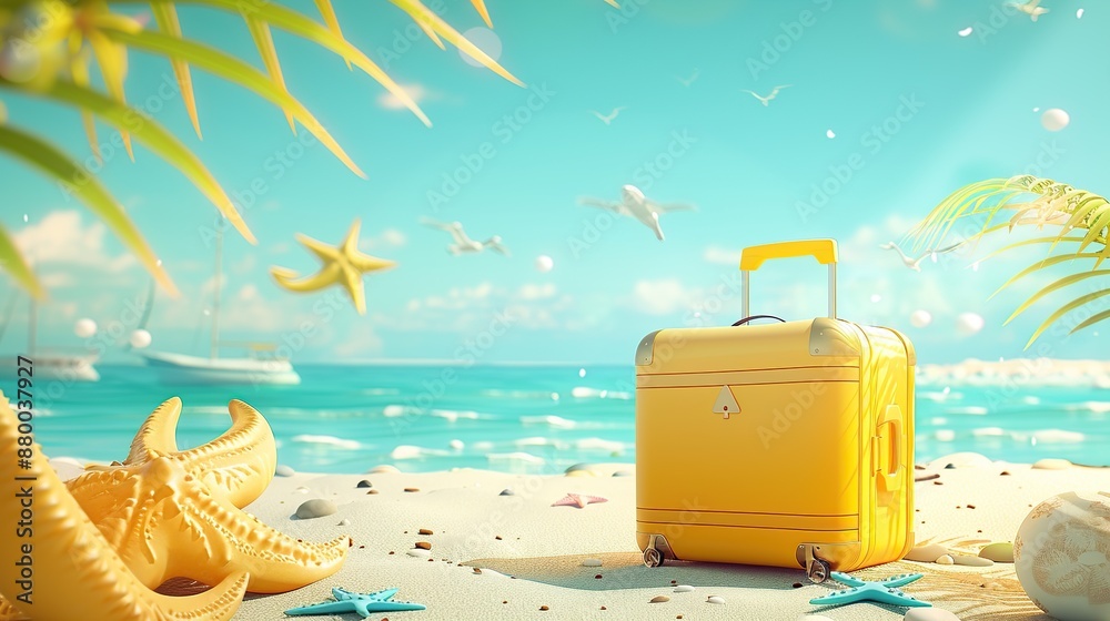 Obraz premium Holiday concept illustration Seaside suitcase Starfish shell palm tree