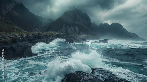 coastline with stormy waterflow in stormy weather photo