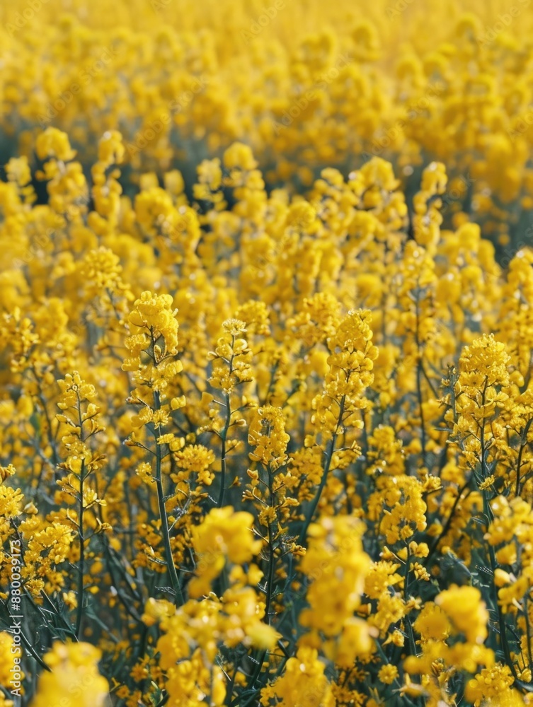 Obraz premium A sunny day scene with a field of bright yellow flowers, perfect for use as a background or to represent growth and happiness
