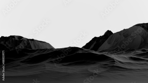 Landscape of black mountains. Abstract black mountainous slopes on horizon of white sky. Dark mountains,wallpaper. Abstract mountain landscape black and gray, minimalistic gloomy,in blur. 3D render