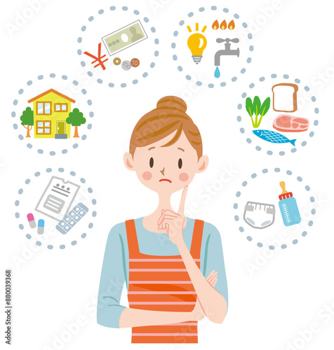お金のことを考える主婦のイラスト　家計　困る　節約　生活費
