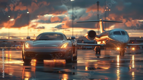 Luxury car and private jet at sunset.