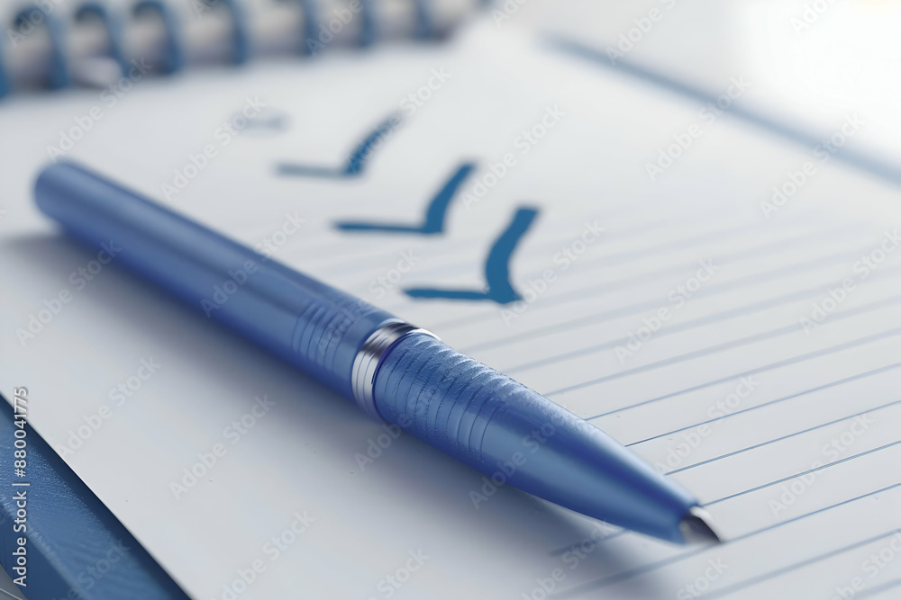 Blue pen resting on a checklist notebook with spirals. Perfect for productivity, planning, and organization-themed projects. Blue pen resting on a checklist notebook with spirals. Perfect for productivity, planning, and organization-themed projects.