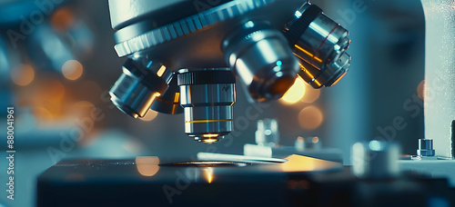 Close-up of a microscope in a laboratory setting, highlighting scientific research and precision in medical or scientific experiments. photo