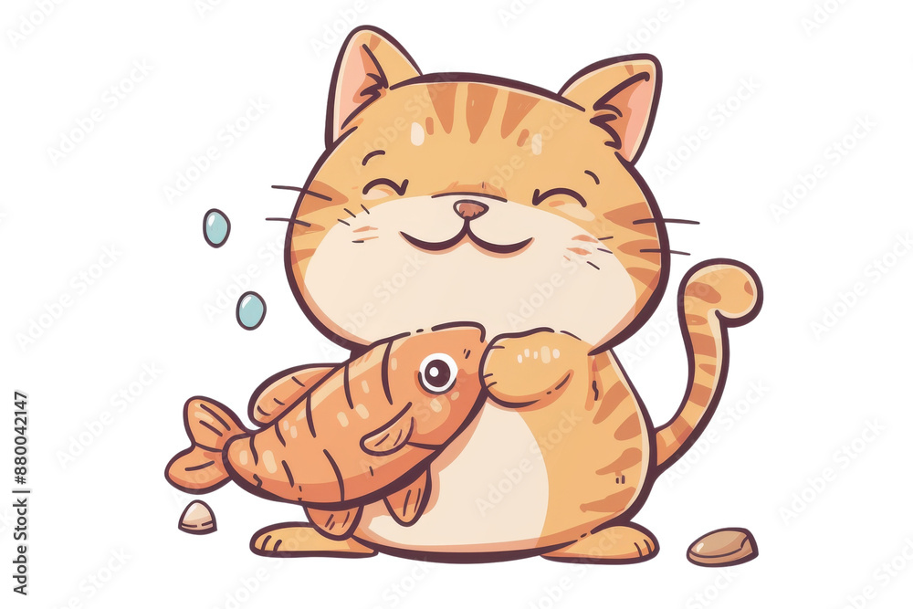 Fototapeta premium Cute cartoon cat happily holding a fish. Adorable illustration perfect for kids' designs, stickers, and posters. Isolated on transparent background.