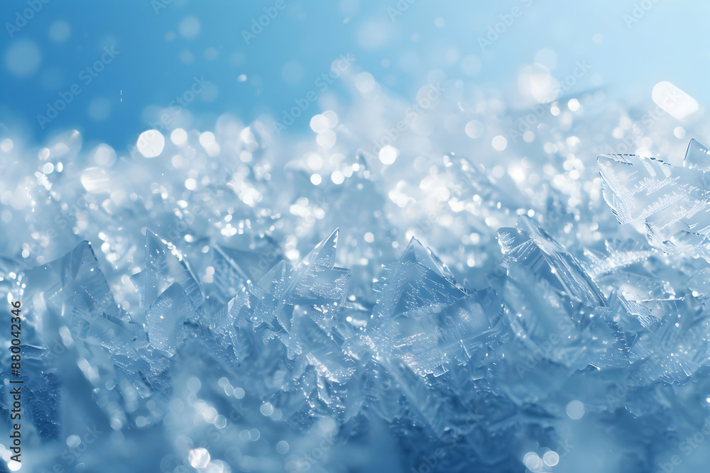 Closeup of sparkling ice crystals against a soft blue background, capturing the beauty of winter's frozen wonders in intricate detail. Closeup of sparkling ice crystals against a soft blue background, capturing the beauty of winter's frozen wonders in intricate detail.