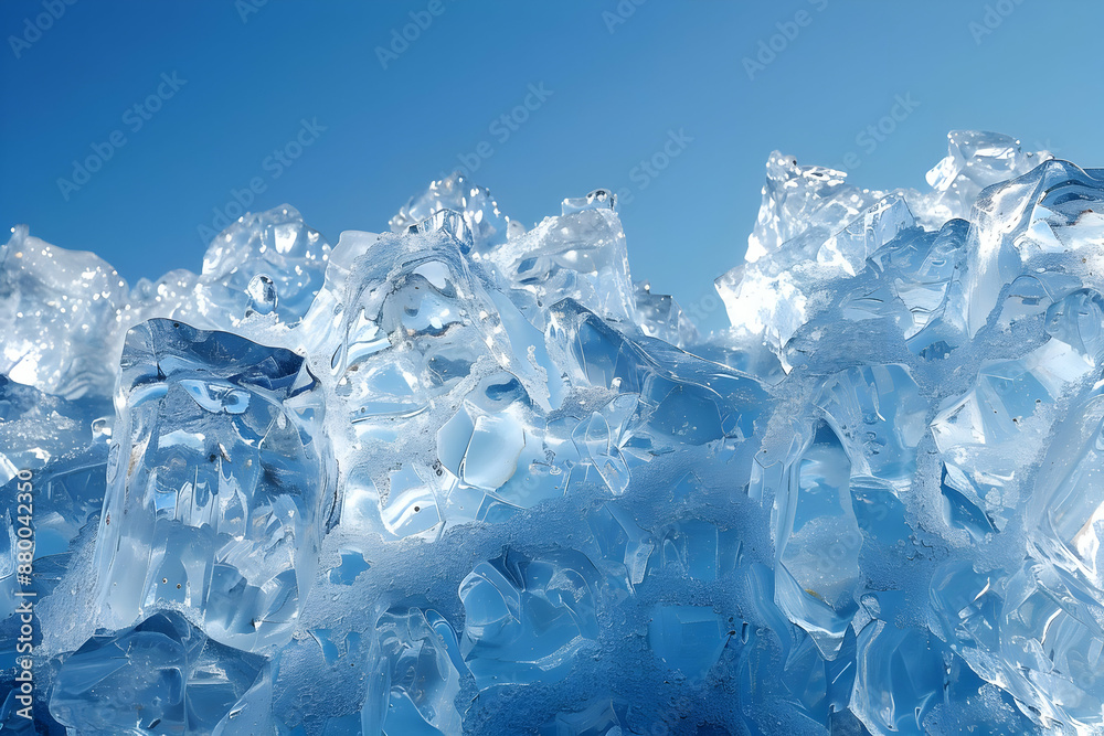 Close-up of stunning, translucent ice formations with a clear blue sky background, showcasing natural beauty and crystal textures. Close-up of stunning, translucent ice formations with a clear blue sky background, showcasing natural beauty and crystal textures.