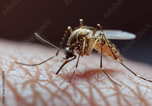 Close-up shot of a mosquito feeding on human skin, showing detailed texture and structure of the insect and skin surface. photo