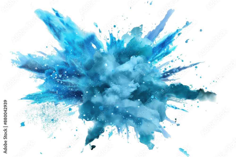 Vibrant blue paint explosion creating a dynamic splash effect, perfect for creative projects and artistic backgrounds. Isolated on transparent background.