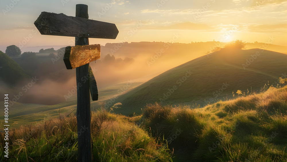 Scenic sunrise over rolling hills with an old wooden signpost in the foreground, enveloped in morning mist and golden sunlight. Scenic sunrise over rolling hills with an old wooden signpost in the foreground, enveloped in morning mist and golden sunlight.
