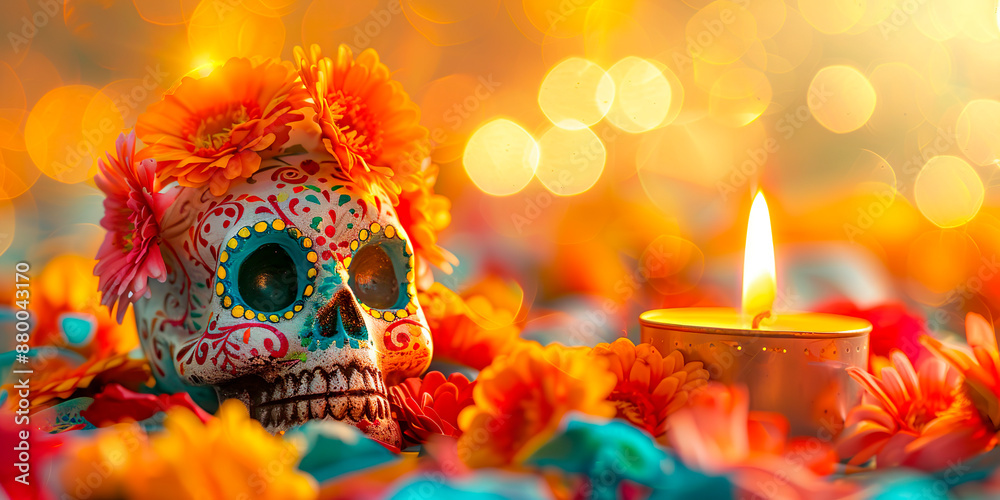 Calavera mexicana rodeada de flores y luz de vela, altar de día de muertos Calavera mexicana rodeada de flores y luz de vela, altar de día de muertos