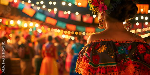 Mujer latina de espaldas con vestido bordado, de fondo fiesta mexicana photo
