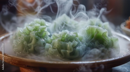 A plate of neondrenched dim sum, with the steam and intricate folds of each piece captured photo