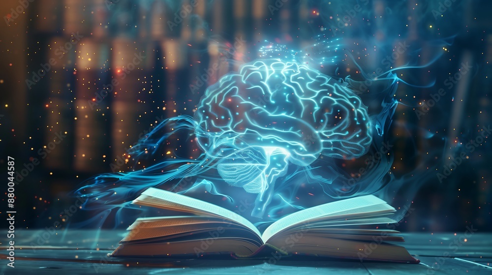 Obraz premium opened book and brain hologram