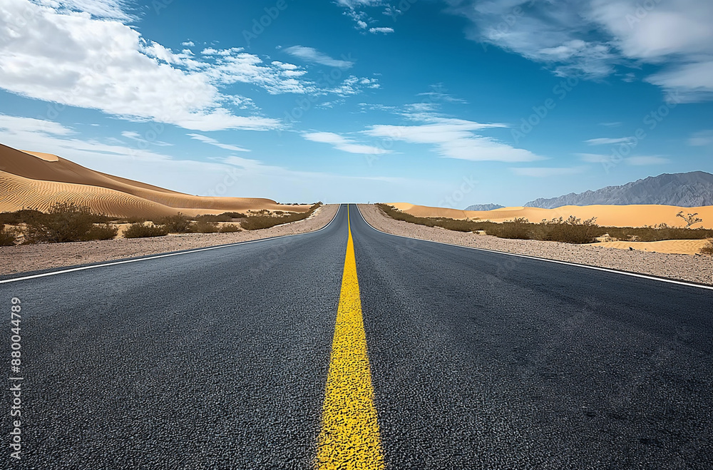 A wide road leading to the horizon in desert, with clear blue sky and white clouds, empty of traffic or people. The asphalt is smooth black without any marks or dirt, with yellow lines A wide road leading to the horizon in desert, with clear blue sky and white clouds, empty of traffic or people. The asphalt is smooth black without any marks or dirt, with yellow lines