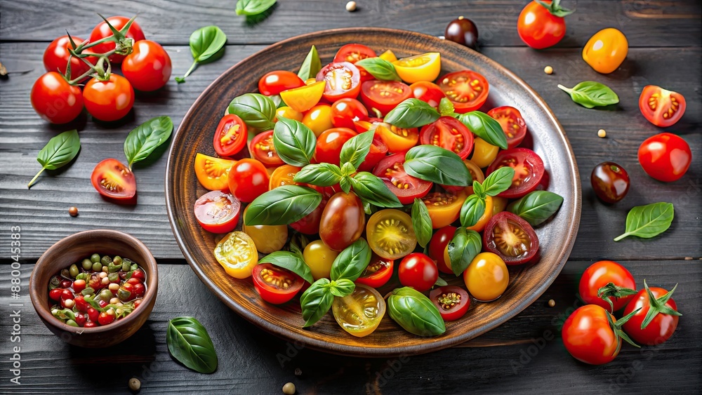 Fresh and vibrant tomato salad with ripe cherry tomatoes, basil, and olive oil dressing, healthy, vegetarian, salad Fresh and vibrant tomato salad with ripe cherry tomatoes, basil, and olive oil dressing, healthy, vegetarian, salad