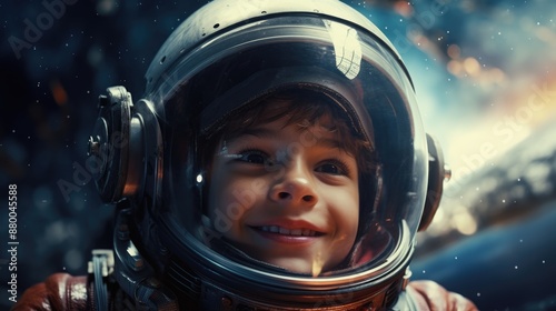 Young astronaut in spacesuit, happy expression, blue background with stars and planets. © JuliaDorian