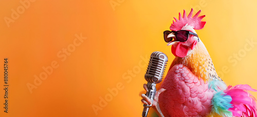 Whimsical digital of a cheerful chicken or rooster wearing trendy sunglasses and a colorful fashion outfit