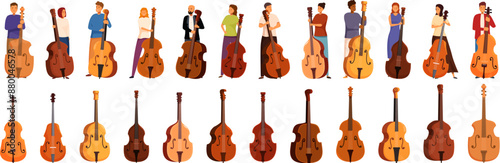 Contrabass icons set. Musicians and various acoustic bass instruments isolated on white background