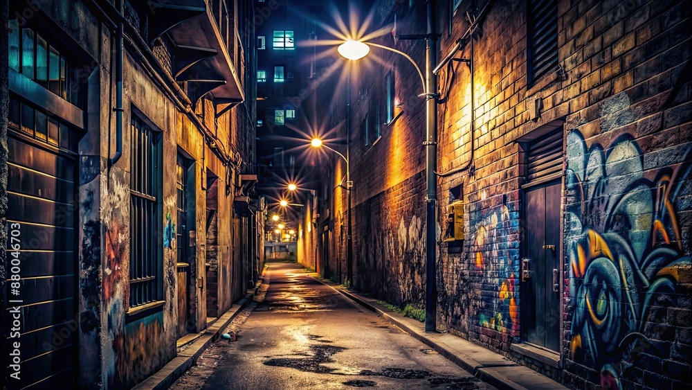 Fototapeta premium Dark alley with graffiti covered walls and a dimly lit street light in the background, alley, graffiti, wall, street light, dark