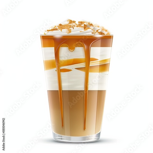 A decadent caramel macchiato with caramel drizzle and a sprinkle of sea salt in a clear glass, isolated white background, photorealism art style photo