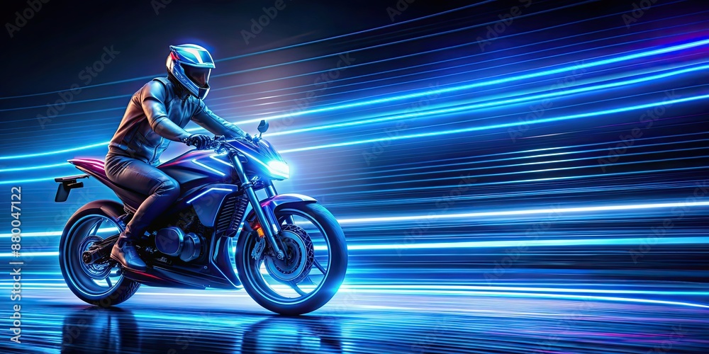 Fototapeta premium Motorcyclist riding futuristic bike with neon blue light trails , high speed, dynamic, sleek