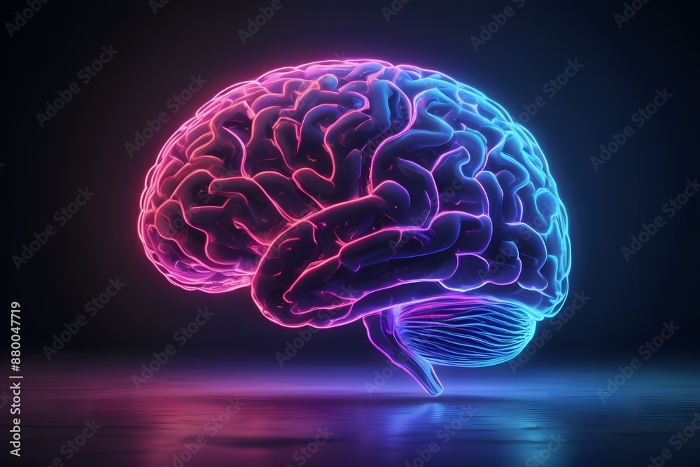 A stunning 3D digital brain with neon light effect with copy space in both sides, suitable for artificial intelligence or mental health medical designs. A stunning 3D digital brain with neon light effect with copy space in both sides, suitable for artificial intelligence or mental health medical designs.