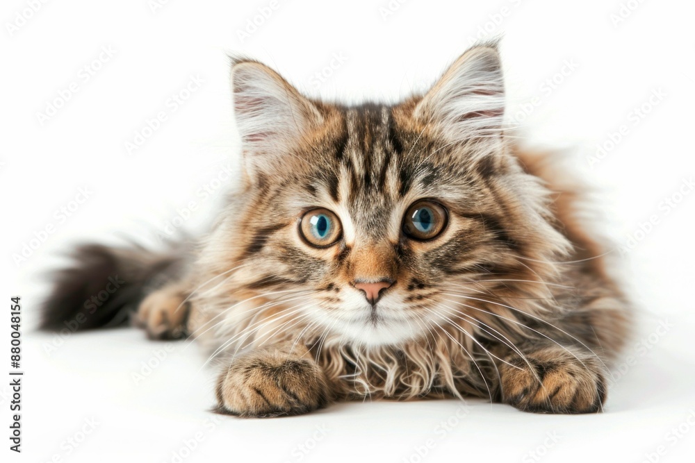 Obraz premium Beautiful blueeyed cat resting on white background, looking at camera animal beauty and nature portrait photography concept