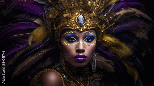 Regal Woman in Ornate Purple and Gold Feathered Mask and Crown