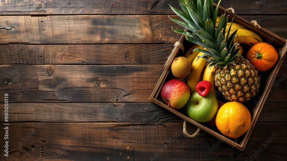 Tropical fruits in a wooden box from above with empty space Tropical fruits in a wooden box from above with empty space