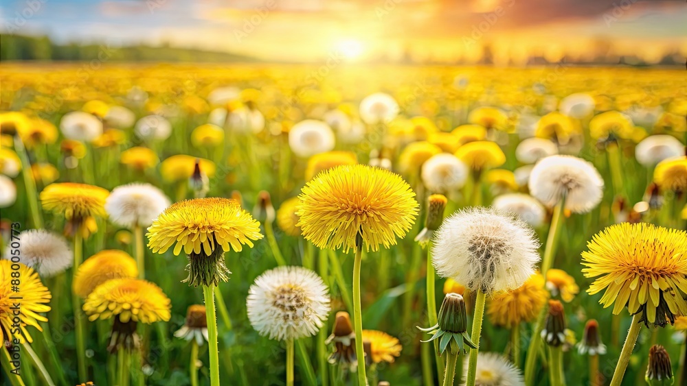 Fototapeta premium Field of dandelions in full bloom , dandelion, field, flower, yellow, spring, meadow, nature, outdoor, plant, blossom, sunny, vibrant