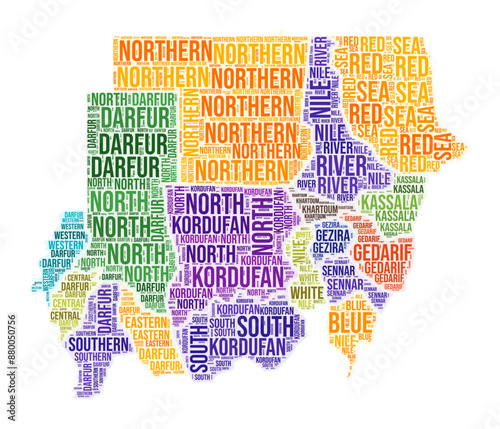 Sudan region word cloud. Country shape design. Sudan colored illustration. Region names collage cloud. Vector illustration.