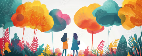 Wallpaper Mural Two women are walking through a forest with colorful trees and flowers Torontodigital.ca