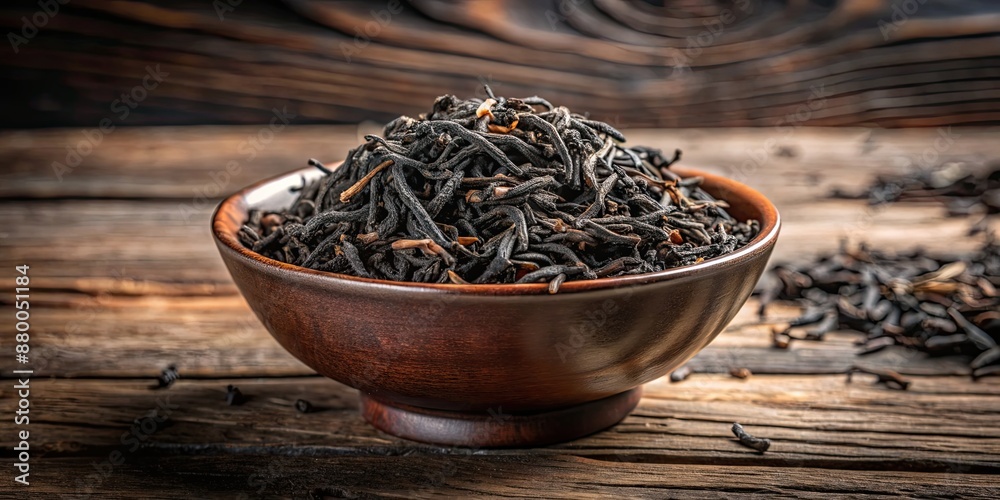 Fototapeta premium Dry black tea leaves in a bowl , black tea, dry, leaves, bowl, herbal, organic, beverage, caffeine, aromatic, natural