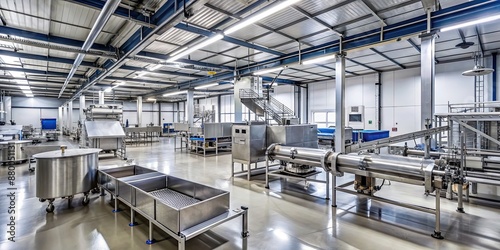 Interior of a modern food processing plant with stainless steel machinery and conveyor belts